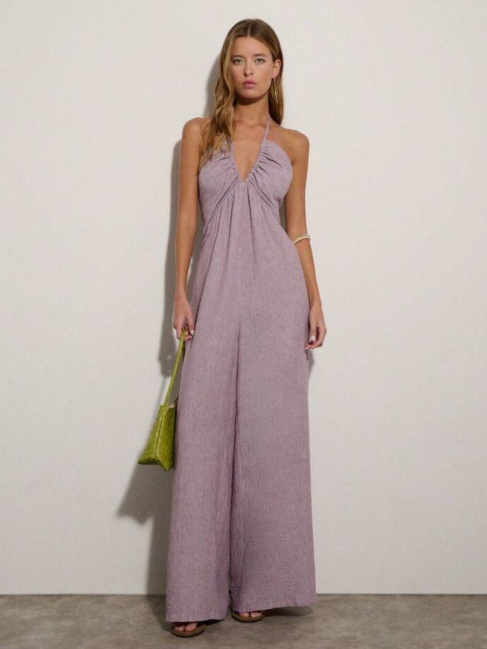 NOISTA soft lavender halter-neck jumpsuit featuring a gathered bust and a center